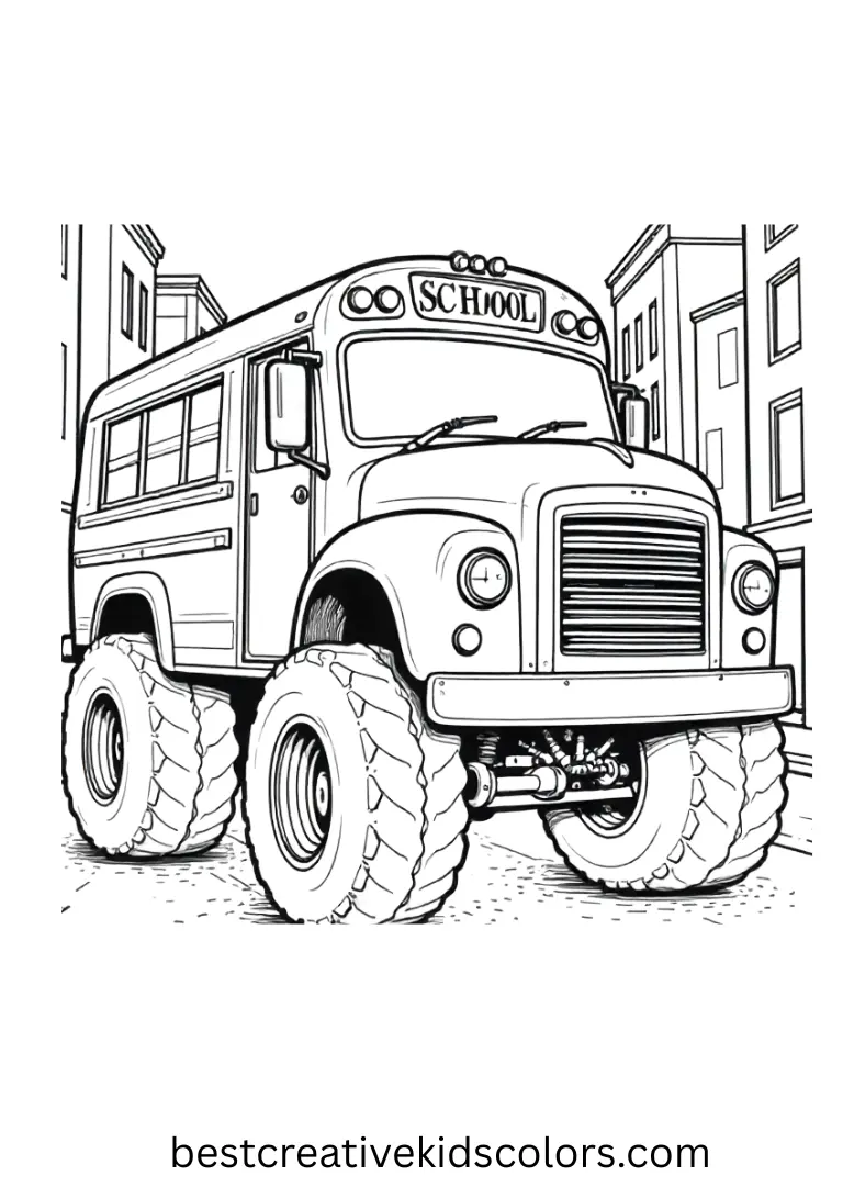 A school bus monster truck rolls along smooth city streets. Minimal buildings and clean lines make coloring easy.