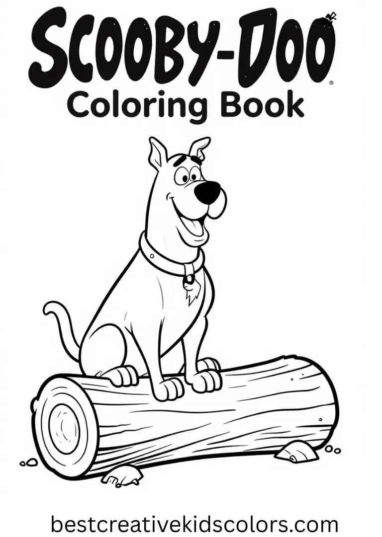Scooby-Doo Coloring Book shows Scooby tapping rhythmically on a hollow log to test its echo.