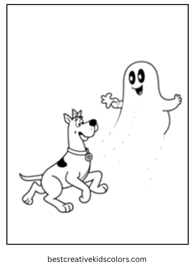 Scooby runs from a silly ghost holding candy.