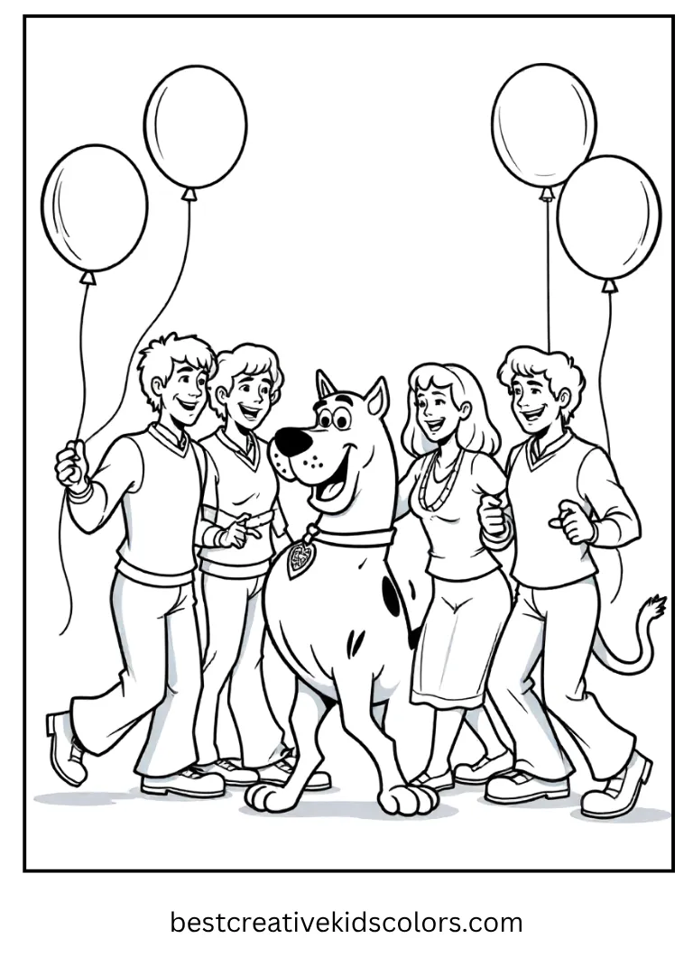 Scooby and the gang dance surrounded by balloons.