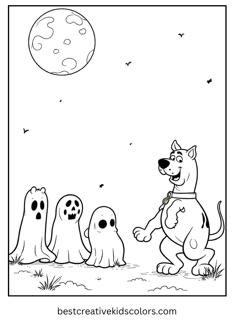 Scooby tiptoes past ghosts under the moonlight.