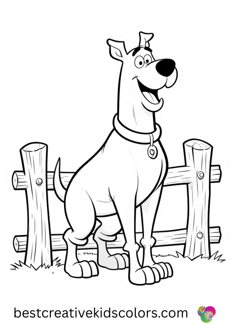 Scooby straightens a fallen twig fence section in Scooby Doo Printables free.