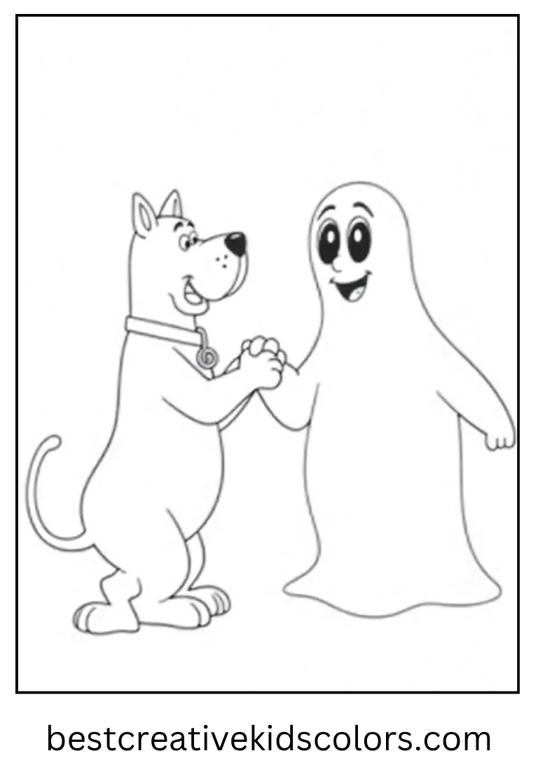 Scooby shakes paws with a smiling ghost.