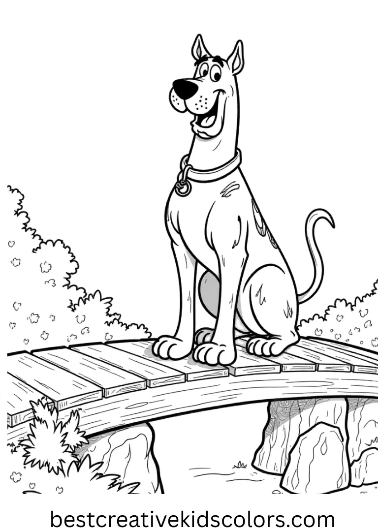 Scooby tests a wooden bridge by pressing gently on each plank in Scooby Doo coloring book PDF.