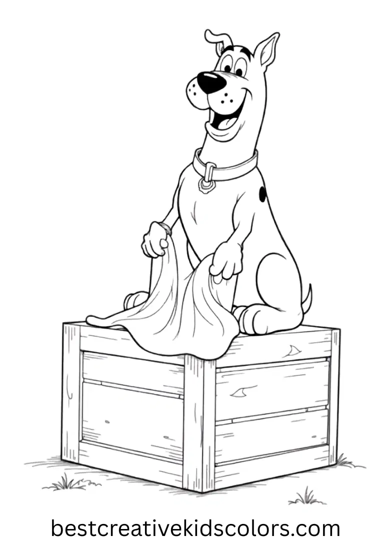 Scooby carefully folds a cloth atop a crate in Scooby Doo coloring pages For Adults.