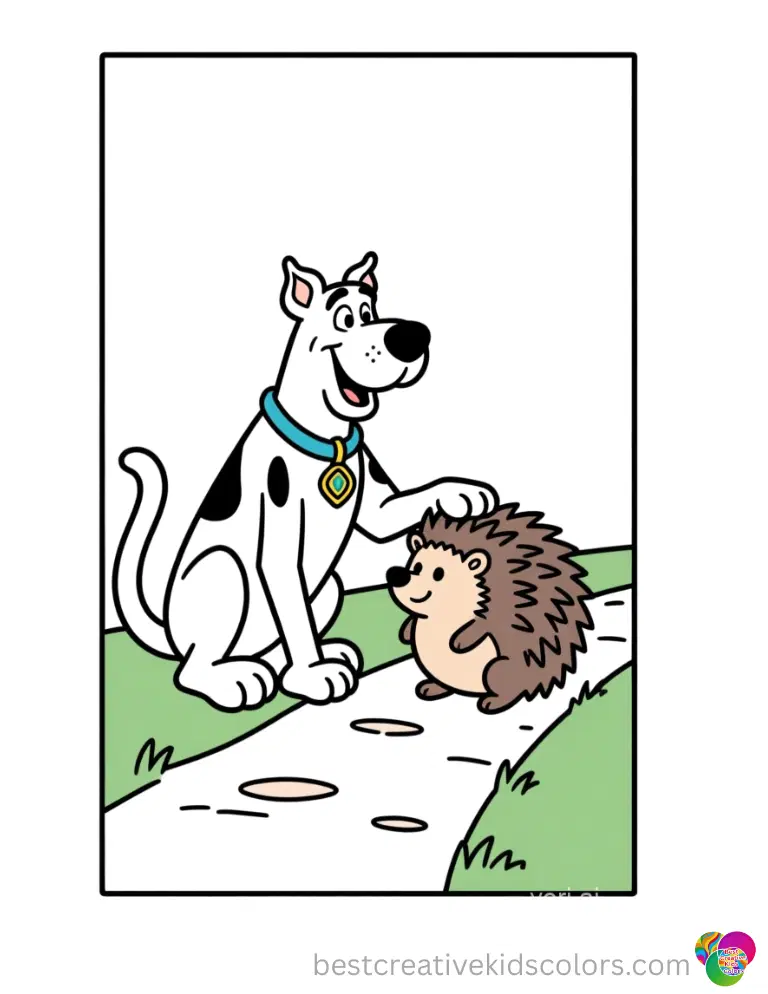 Scooby doo color sheet animals Scooby pats a friendly hedgehog in Scooby doo color sheet animals beside a quiet path.