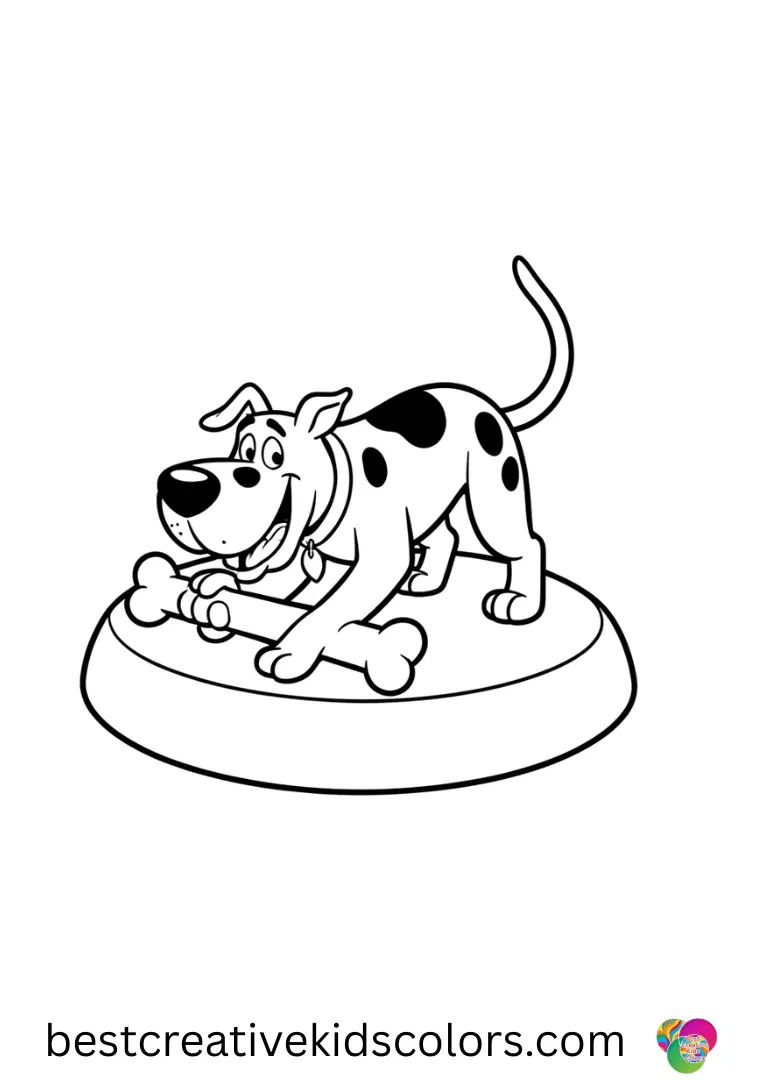 Scooby rolls a toy bone in a circle in Scooby doo color sheet disney on a clean floor.