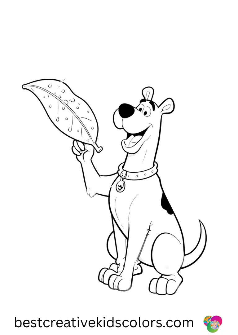 Scooby doo color sheet for adults shows Scooby brushing dew from a wide leaf at sunrise.