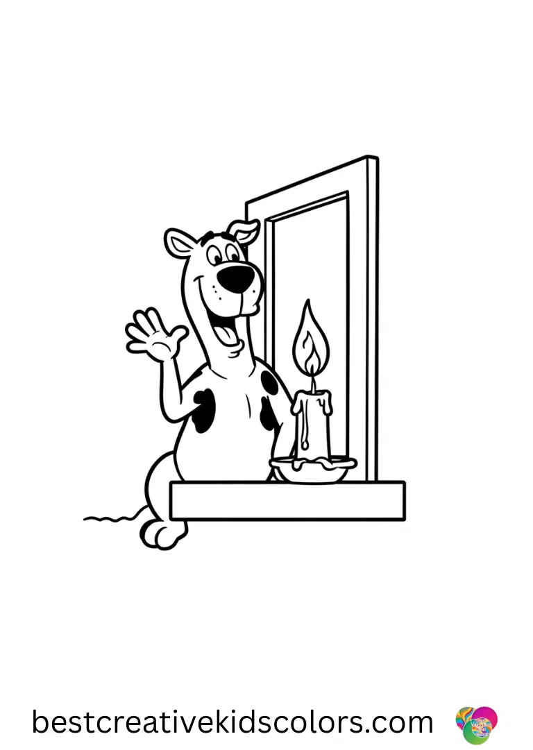 A candle flickers as Scooby waves slowly in Scooby doo color sheet free by a low window.