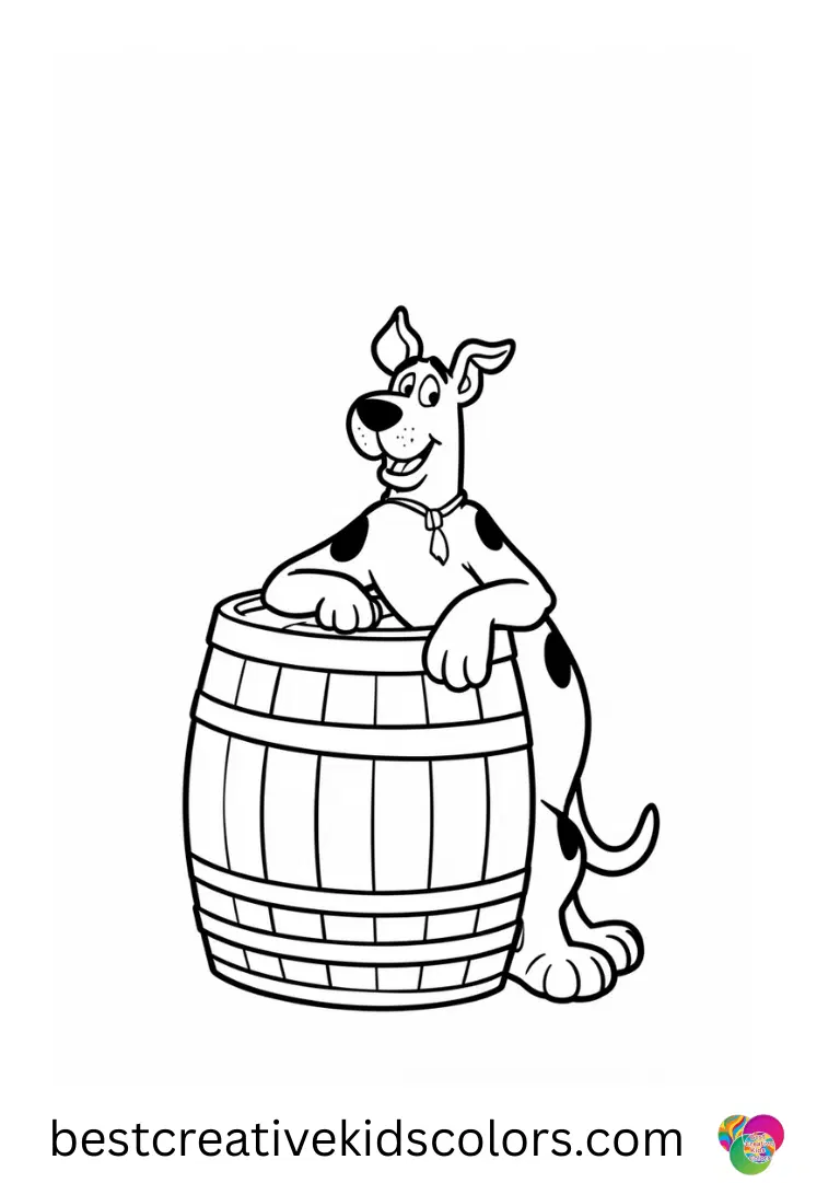 Scooby doo color sheet pdf shows Scooby leaning against a barrel to rest his paws.