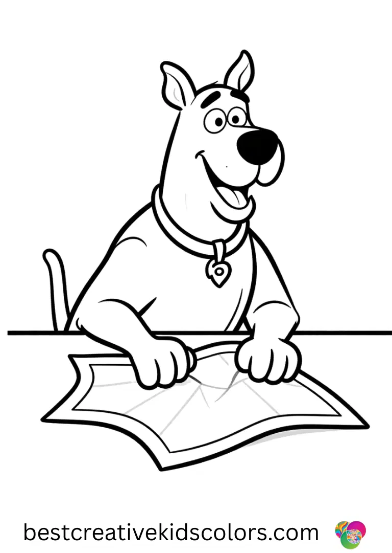 Scooby smooths a wrinkled map across a table in Scooby doo coloring page free for adults.