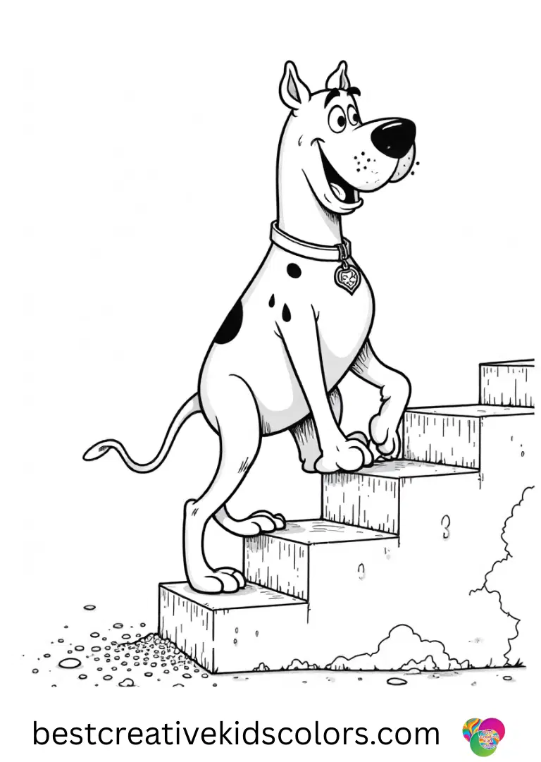Scooby follows a tiny trail of sand grains down a step in Scooby doo coloring page free for kids.