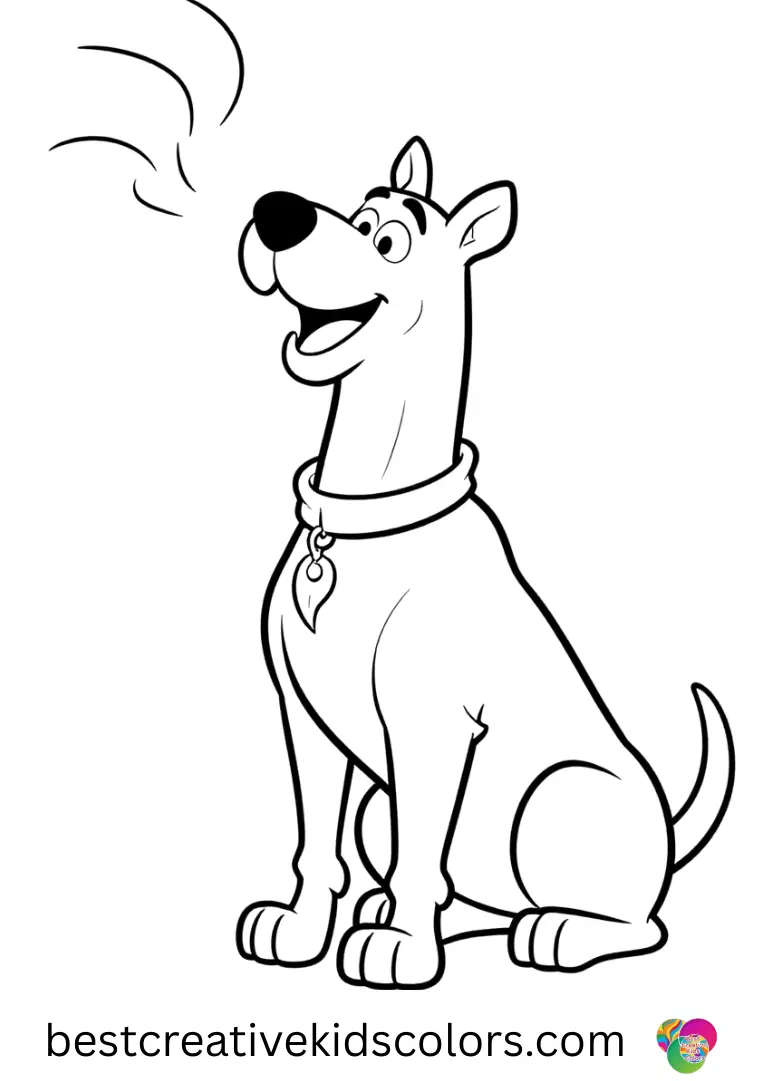 Scooby gently tests wind direction with a raised paw in Scooby doo coloring page free pdf.
