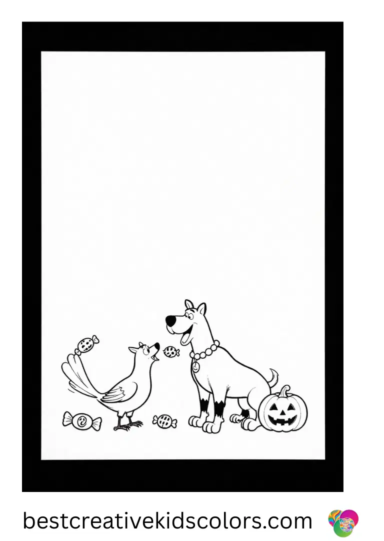 Scooby doo coloring page halloween animals features Scooby sharing crumbs with a small sparrow.