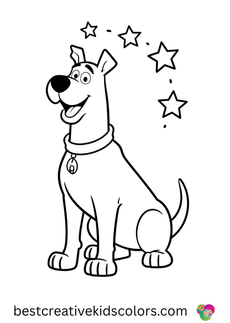 Scooby doo coloring page halloween pdf features Scooby tracing stars in the air with his paw.