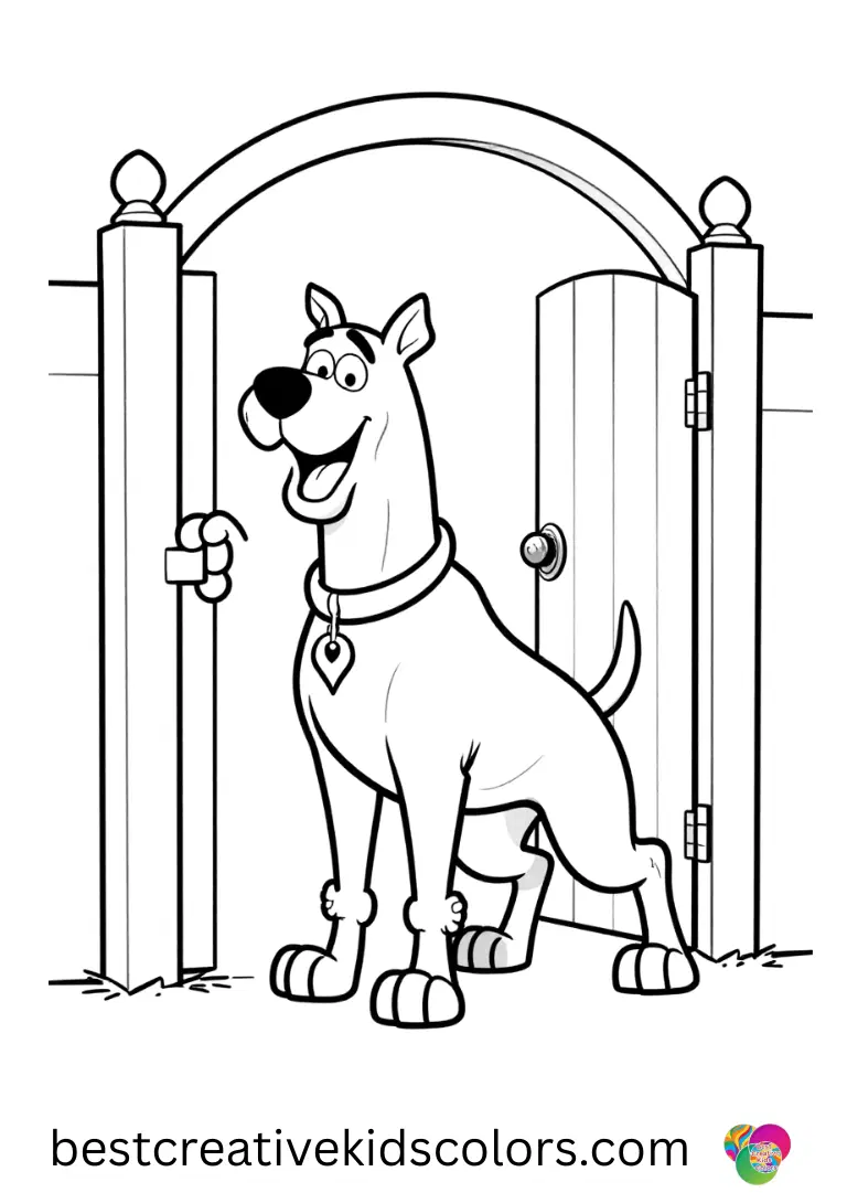 Scooby doo coloring page halloween printable shows Scooby pushing a squeaky gate with gentle care.