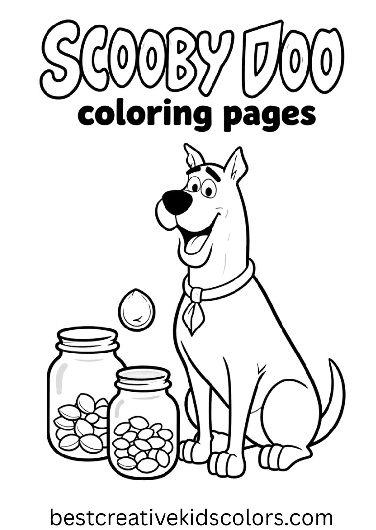 Decorative shading surrounds Scooby organizing jars of seeds in Scooby doo coloring pages halloween adults.