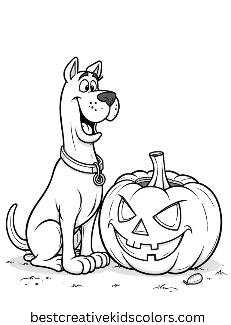 Scooby taps a hollow pumpkin to hear its echo in Scooby doo coloring pages halloween pdf.