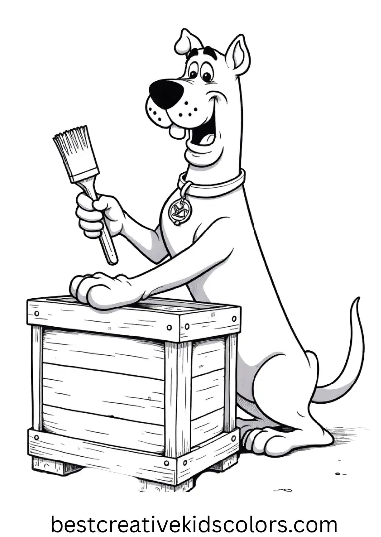 Scooby brushes off a dusty crate as moonlight glows faintly in Scooby doo coloring pages halloween printable.