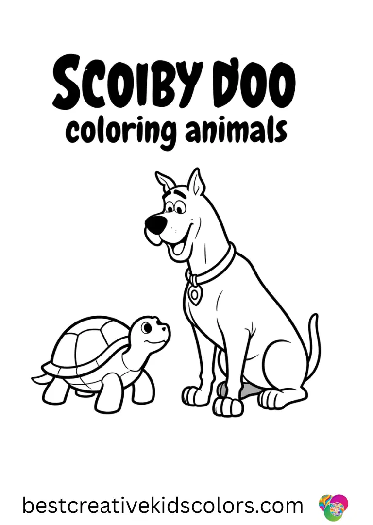 Scooby bends down to greet a turtle in Scooby doo halloween coloring animals near a stone step.