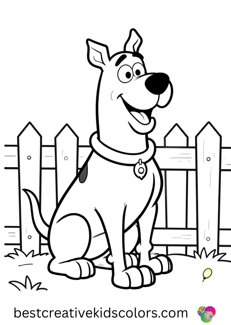 Fireflies glow while Scooby shivers playfully in Scooby doo halloween coloring book pdf by a fence.