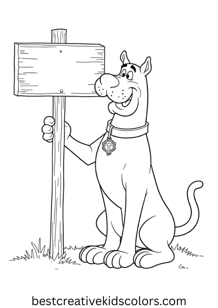 Scooby doo halloween coloring page disney features Scooby nudging a small wooden sign upright.