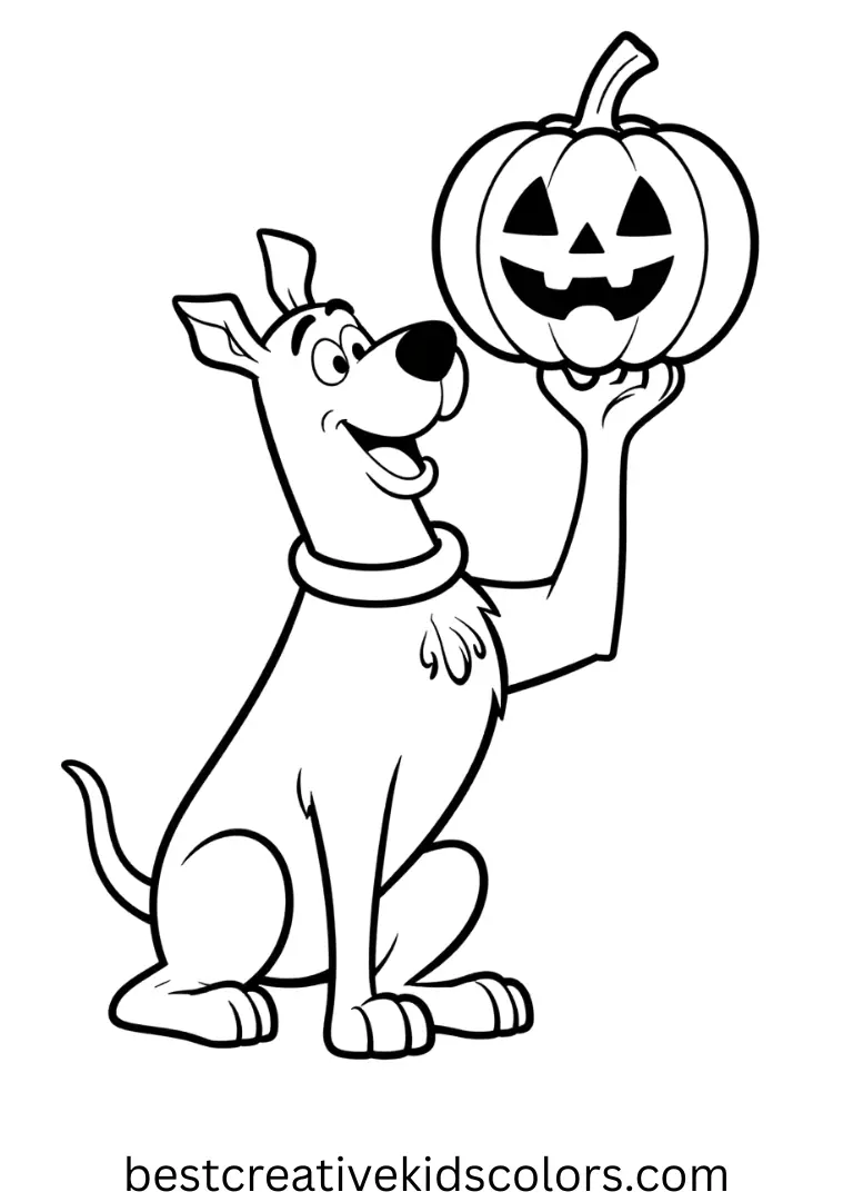 Scooby doo halloween coloring page pdf depicts Scooby balancing a pumpkin on his nose carefully.