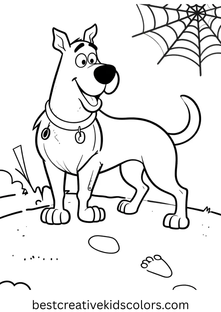 Scooby doo halloween coloring page printable opens with Scooby counting tiny footprints on a path.