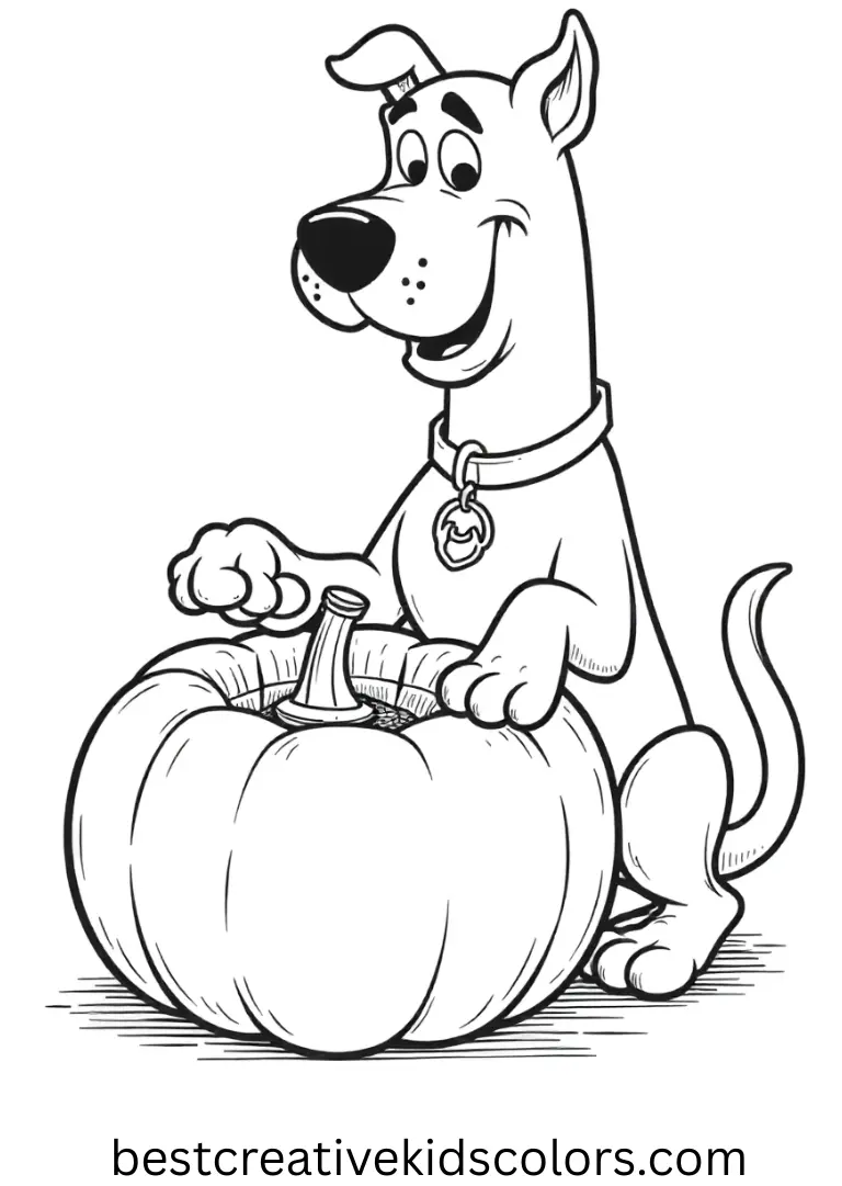 Scooby lightly dusts off a pumpkin lid after uncovering it slowly in Scooby doo halloween coloring pages disney.