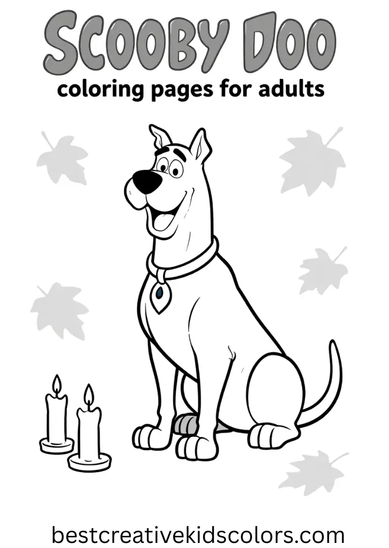 Detailed leaf shadows surround Scooby as he arranges candles neatly in Scooby doo halloween coloring pages for adults.