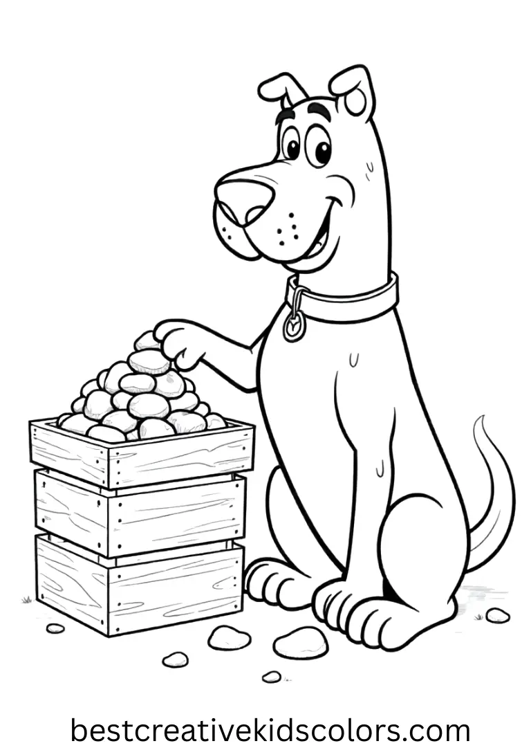 Scooby stacks tiny stones in Scooby doo halloween coloring pages pdf beside a wooden crate.
