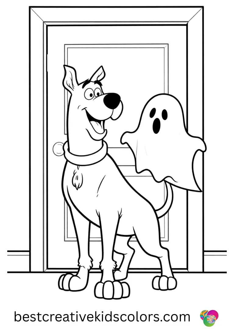 Scooby twirls a paper ghost cutout slowly in Scooby doo halloween coloring printable near a calm door.