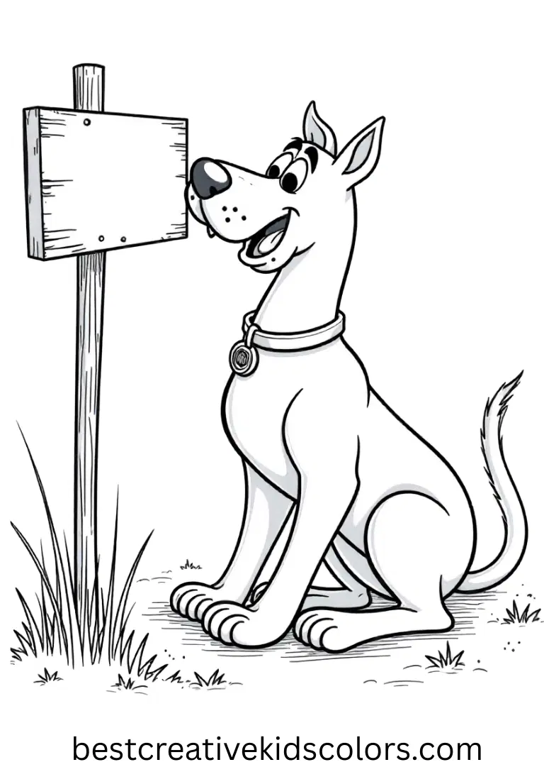 Scooby reads a signpost while brushing aside grass tips in Scooby doo halloween coloring sheets disney.