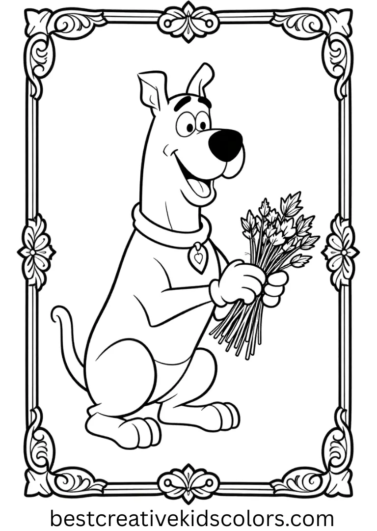 Intricate border lines frame Scooby arranging dried herbs in Scooby doo halloween coloring sheets for adults.