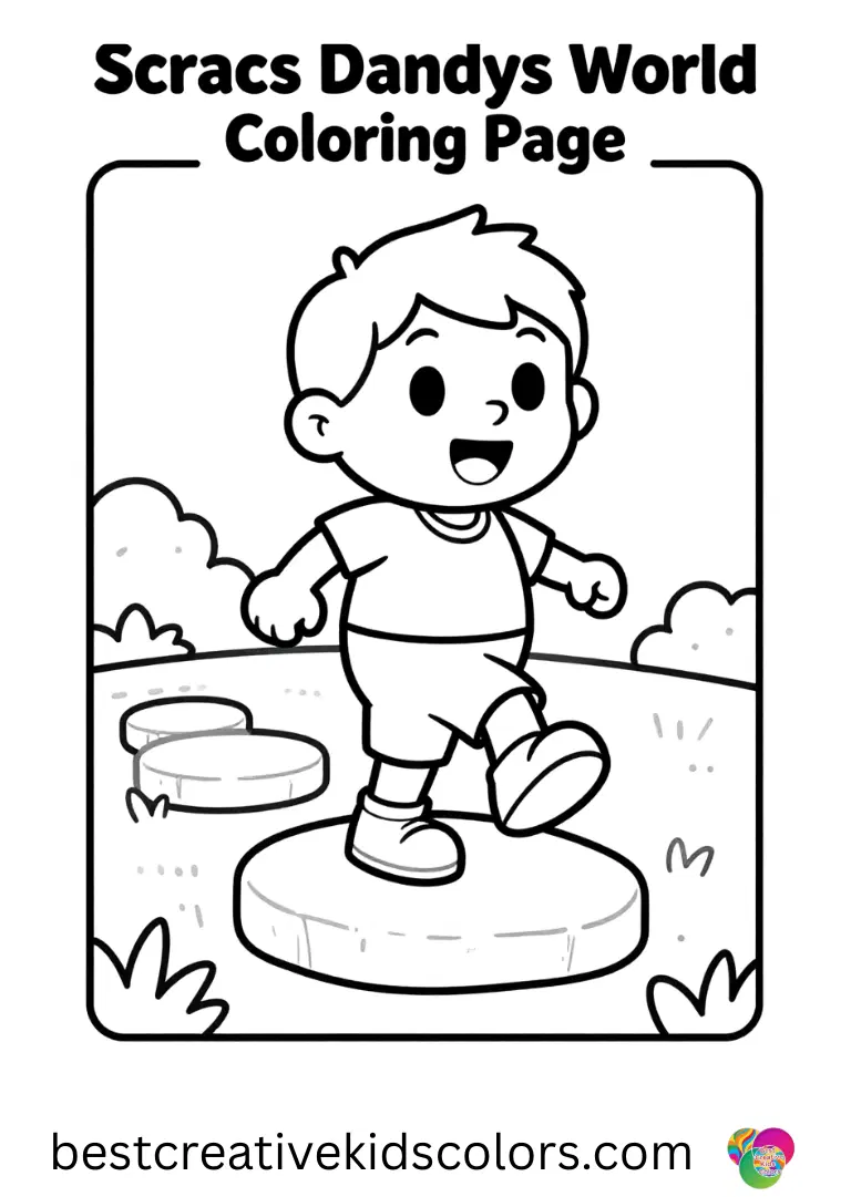 Scraps Dandys World Coloring Page shows a character tiptoeing across stepping stones in an open field