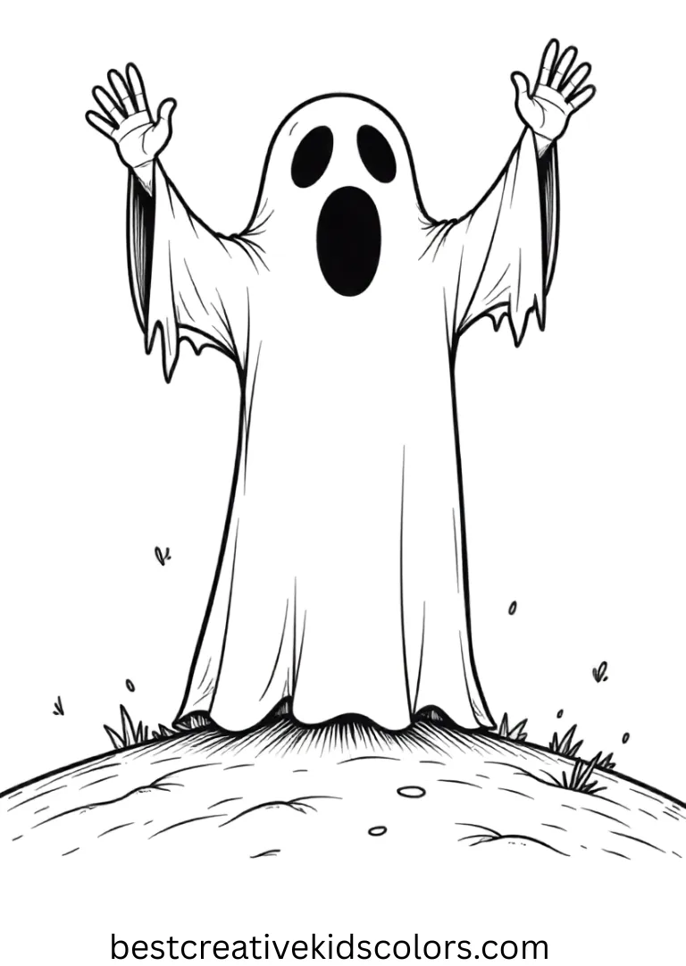 Scream Coloring page Scream Coloring page shows Ghostface raising both arms on a blank hill, background open and easy to color.