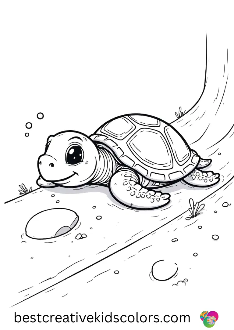 Sea Turtle colouring shows a turtle sliding down a soft sand slope playfully.