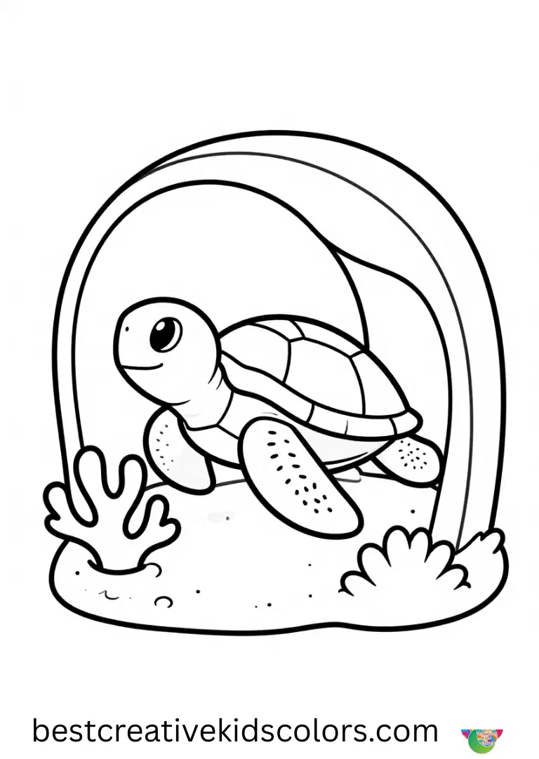 Sea turtle coloring pages printable shows a turtle hiding under waving coral like a tiny tent.