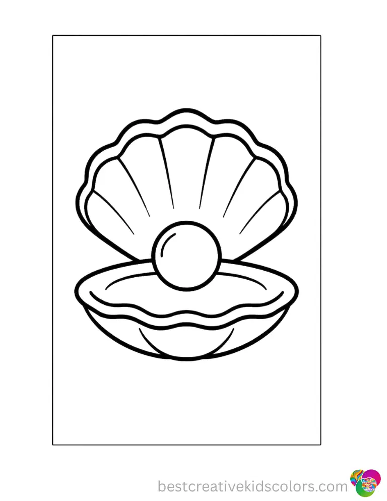 An open oyster in Seashell coloring pages PDF reveals a perfectly round pearl inside.