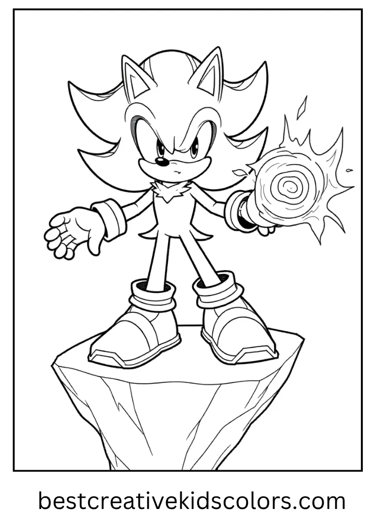 Shadow strikes a dramatic pose on a glowing cliff, preparing to unleash a swirling chaos energy sphere.