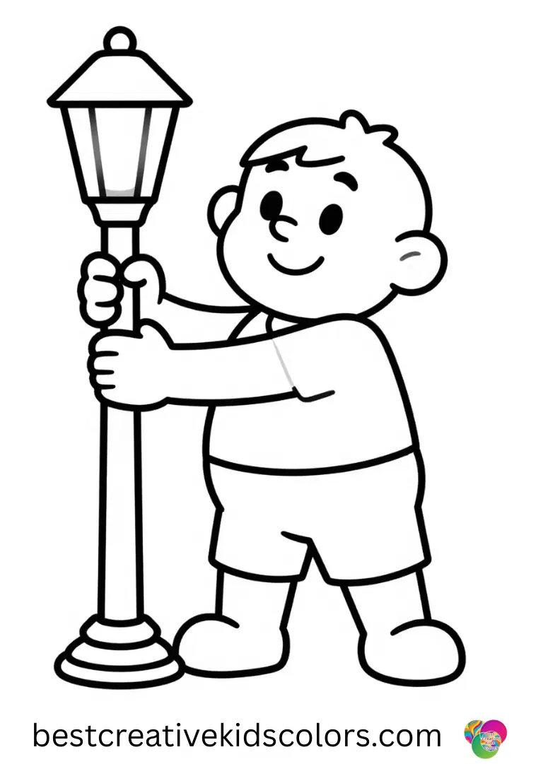 Shaggy steadies a leaning lantern post while smiling calmly in Shaggy Coloring Page.