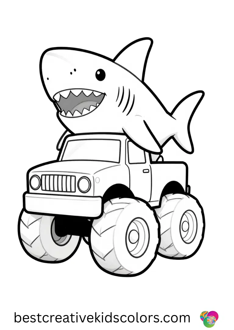A friendly shark truck navigates the stadium slowly. Open outlines make coloring easy.