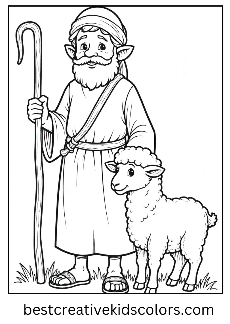 Shepherd with Sheep Coloring Outline
