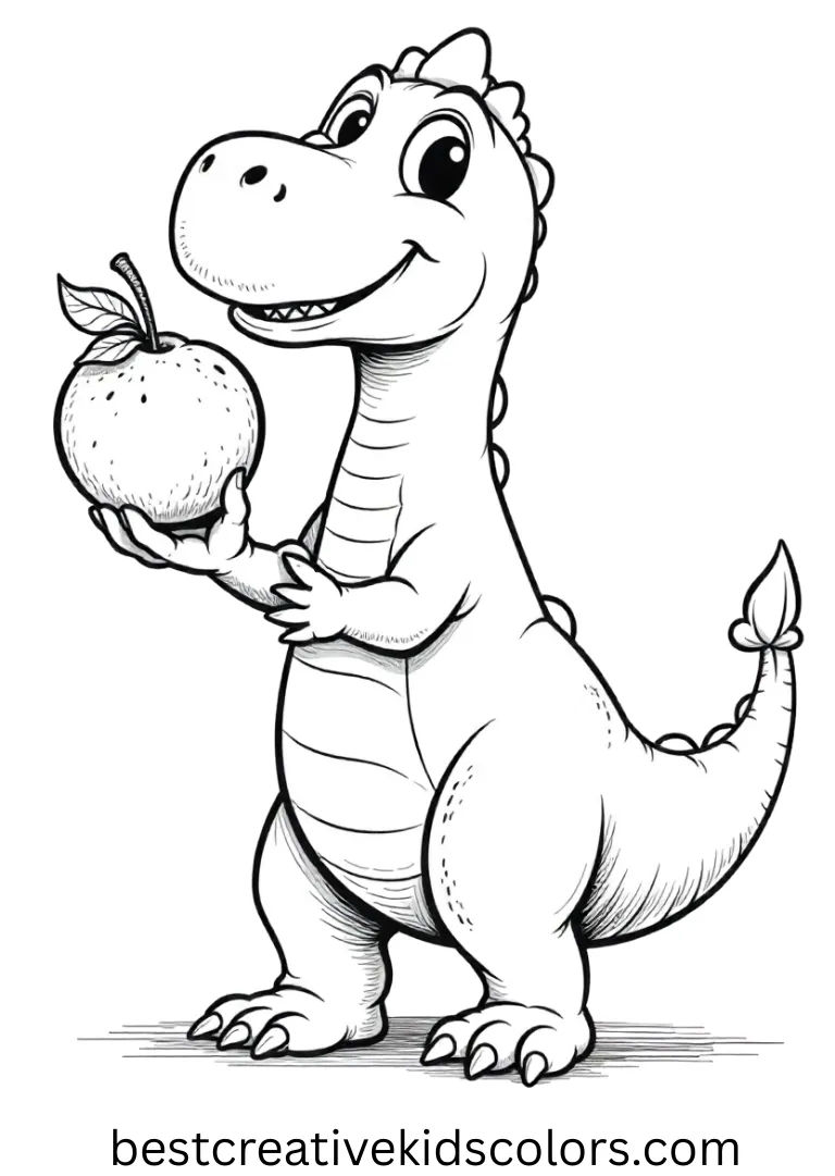 Silly dinosaur coloring pages shows a dinosaur lightly bouncing a round fruit with its claw.