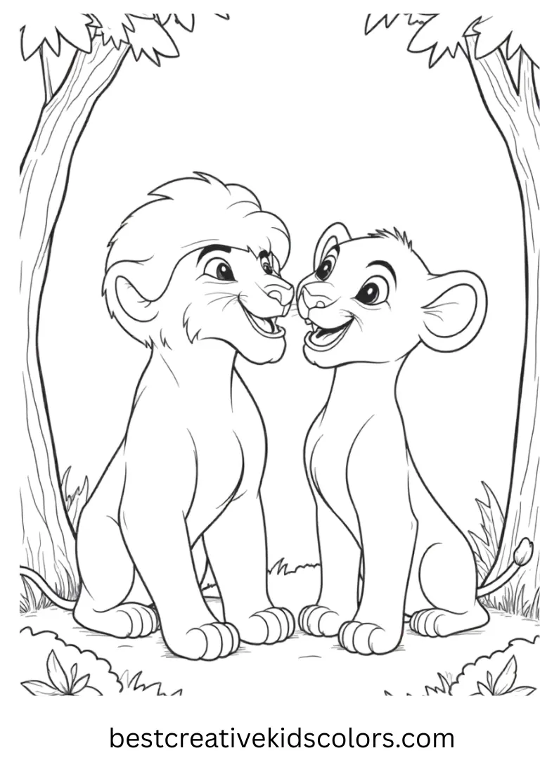 Simba & Nala Playtime Disney Coloring Page Color Simba and Nala enjoying a sunny jungle adventure on Disney Coloring Pages.