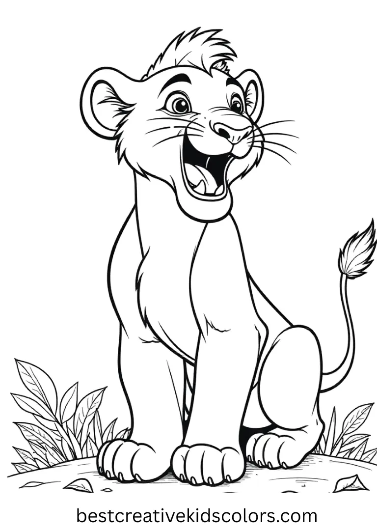 Simba’s Sunset Roar Disney Coloring Sheet Color Simba proudly roaring at sunset with Disney Coloring Pages for kids.