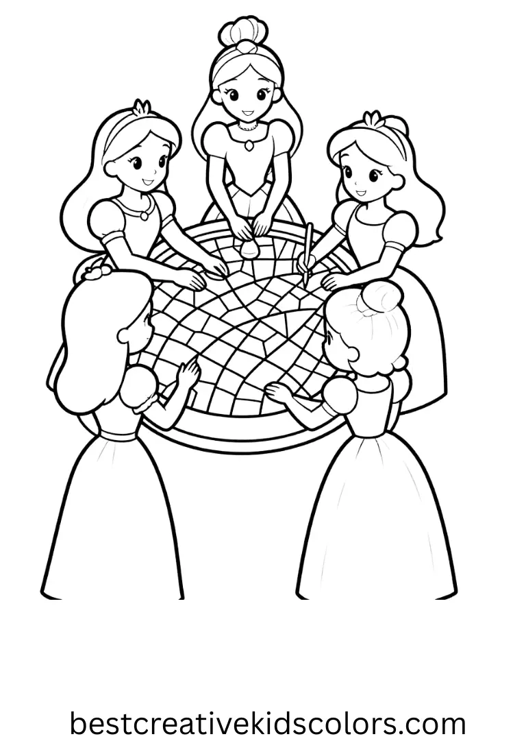 Simple Coloring pages for kids shows princesses creating mosaic designs with foam stickers.