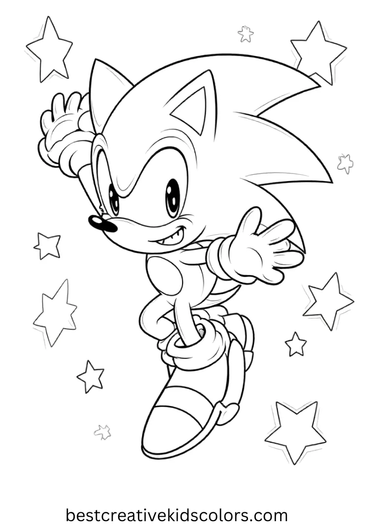 Sonic jumps happily, surrounded by stars and easy shapes.