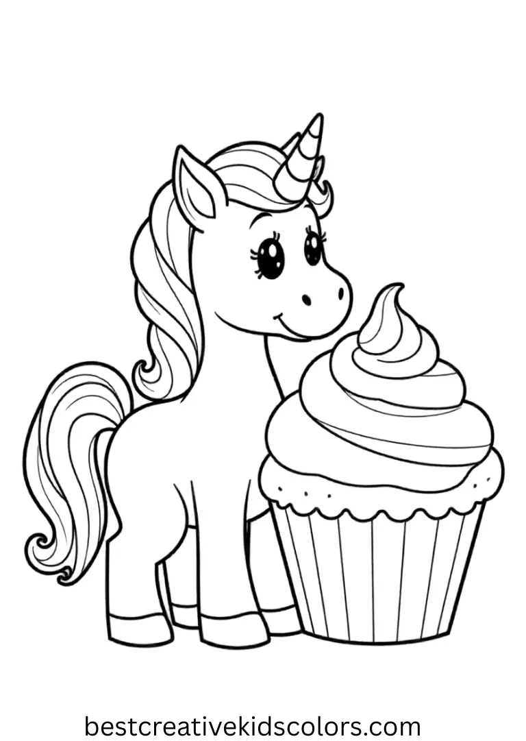 A unicorn with a big cupcake — bold lines and cute shapes make it easy and fun for little artists.
