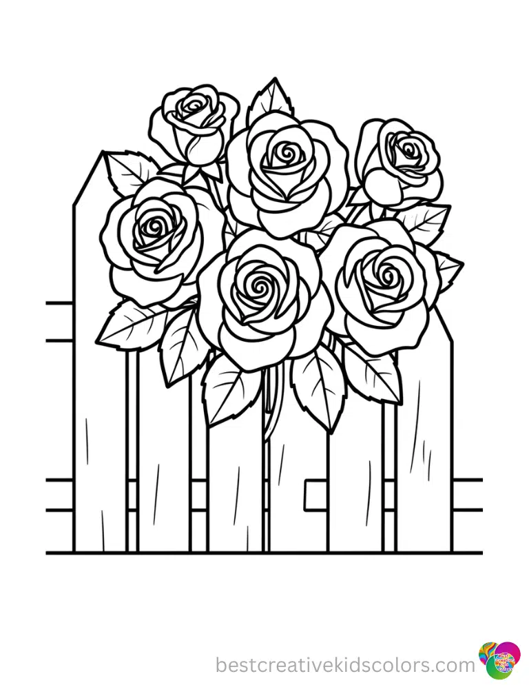 Simple a cluster of roses against a wooden fence coloring page shows knots being counted.